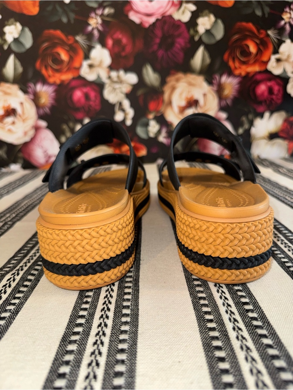 CROCS Double - Strap Black and Tan Platform Sandals, Size 7 - Picture 10 of 15
